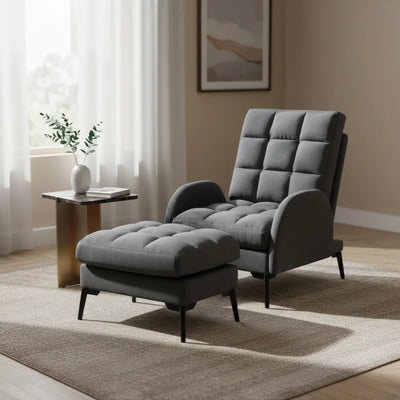 Gray recliner chair with ottoman in a living room setting