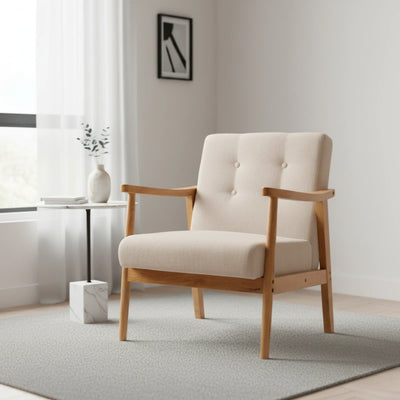 Beige armchair with wooden frame in a minimalistic room