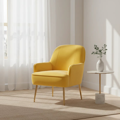 Yellow armchair in a bright room with white curtains and a small table with a plant.